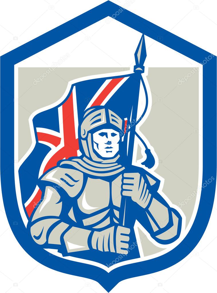 Knight Holding British Flag Shield Retro