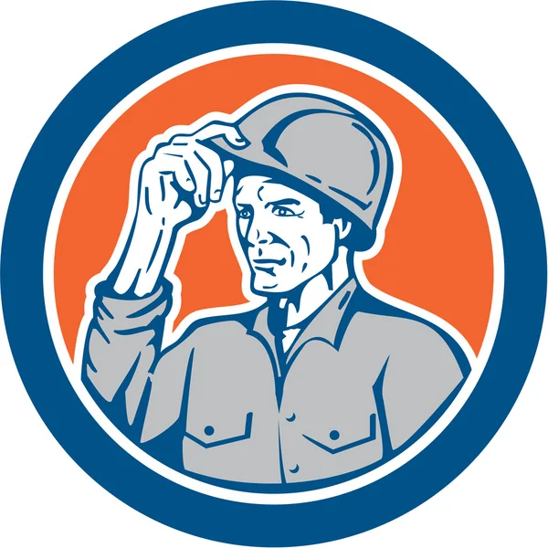 Constructor Carpintero Volteo Hardhat Circle Retro — Vector de stock