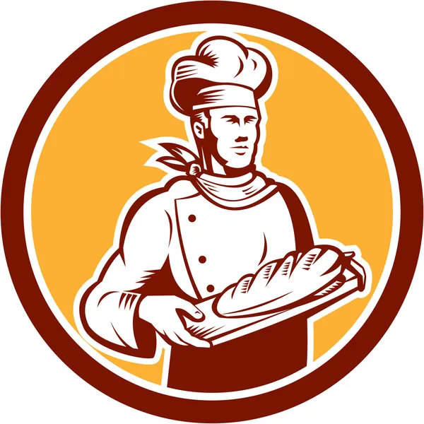 Cocinero del cocinero que sostiene xilografía pan retro — Vector de stock