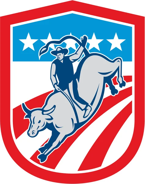 American Rodeo Cowboy Bull Riding Shield Retro — Stock Vector