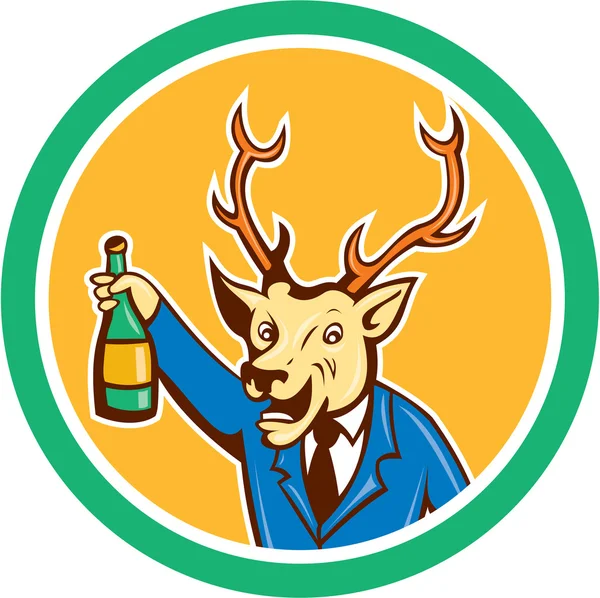 Stag Deer Holding Wine Bottle Circle Cartoon — Stock Vector