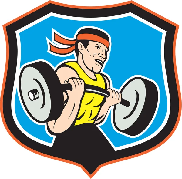 Weightlifter Lifting Barbell Shield Cartoon — Stock Vector