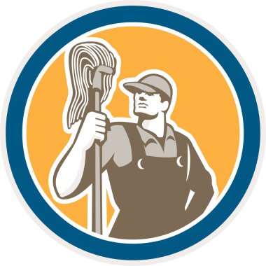 Janitor Cleaner Holding Mop Circle Retro clipart