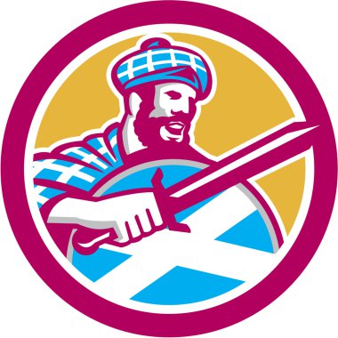 Highlander Scotsman Sword Shield Circle Retro clipart