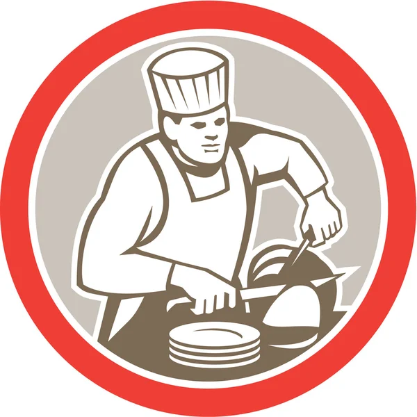 Chef de cozinha cortando círculo carne retro — Vetor de Stock