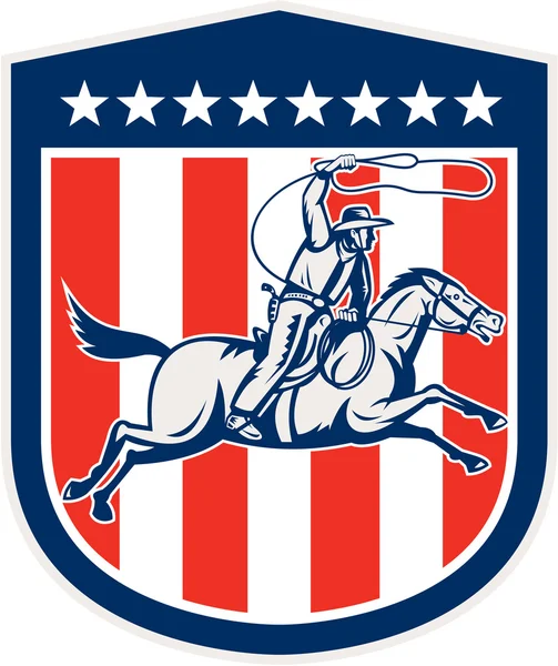 American Rodeo Cowboy Cheval Lasso Shield Rétro — Image vectorielle