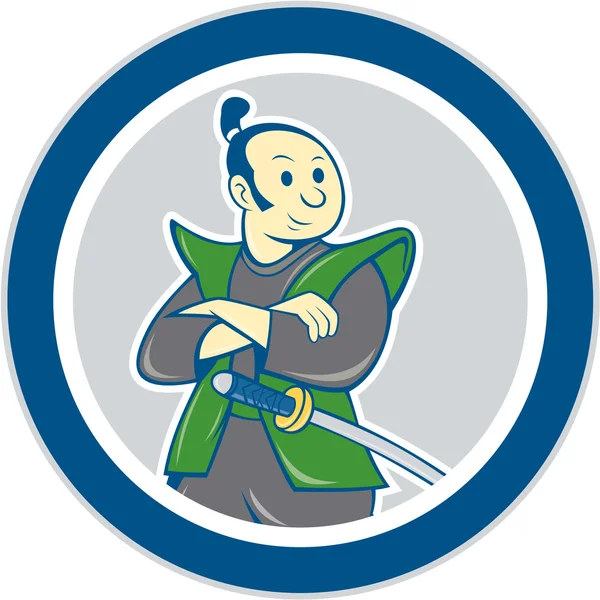 Samurai-Krieger Arme gefaltet Kreis Karikatur — Stockvektor