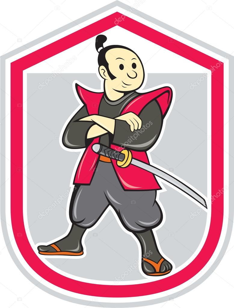 Samurai Warrior Arms Folded Shield Cartoon