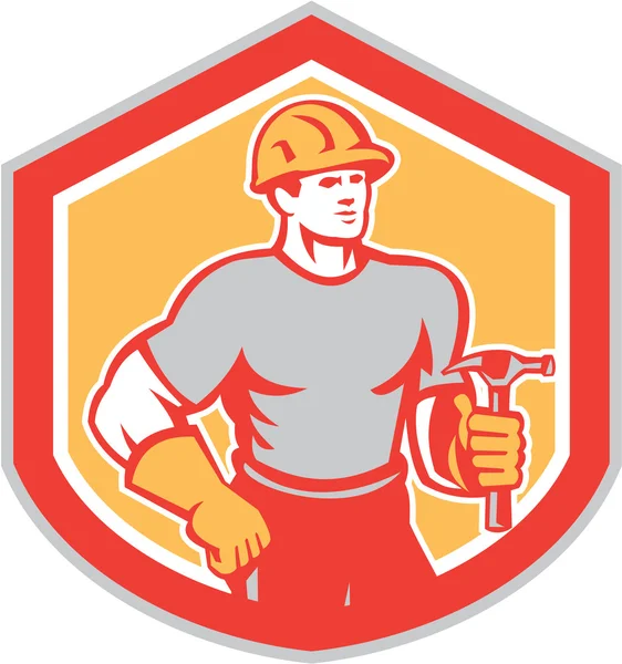 Costruttore Carpenter Holding Hammer Shield Retro — Vettoriale Stock