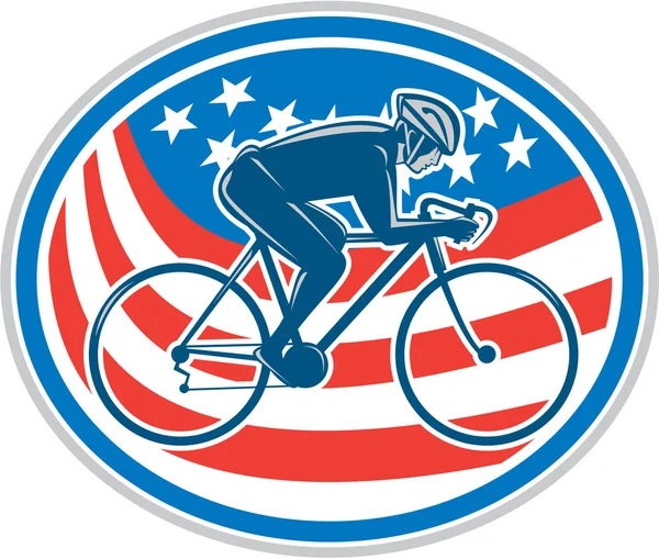 Ciclista Montar en bicicleta de montaña Bandera Americana Oval — Archivo Imágenes Vectoriales