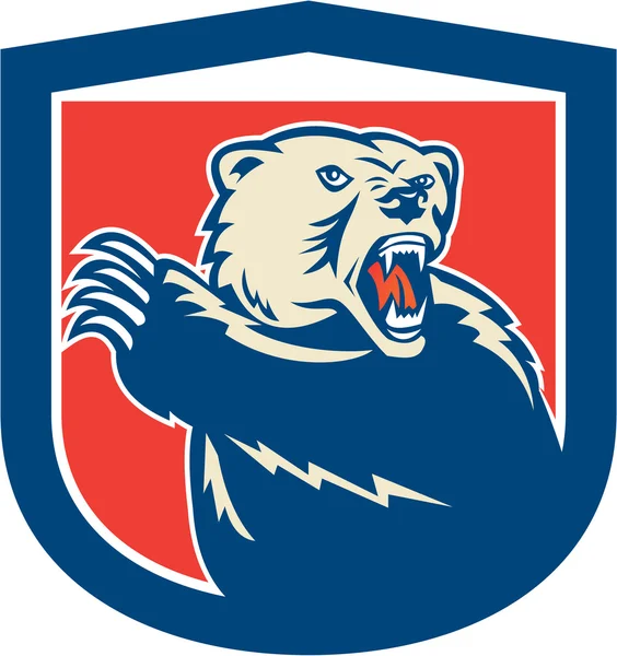 Grizzly oso deslizamiento pata escudo retro — Vector de stock