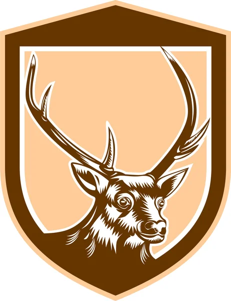 Deer Stag Buck Head Woodcut Shield — Stock Vector