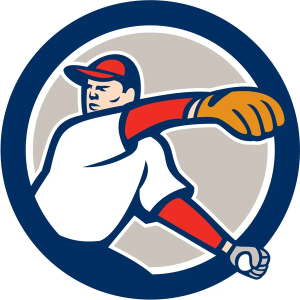 Baseball lanciatore lancio palla cerchio cartone animato — Vettoriale Stock