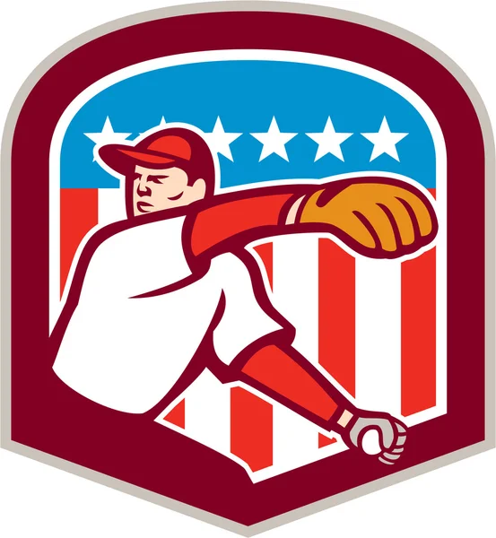 American Baseball Pitcher Throw Ball Shield Cartoon — Stock Vector