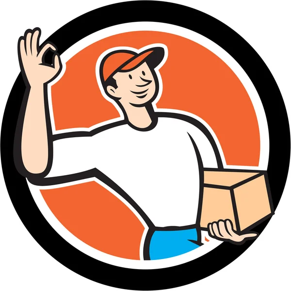 Uomo di consegna Ok segno pacchetto cerchio cartone animato — Vettoriale Stock
