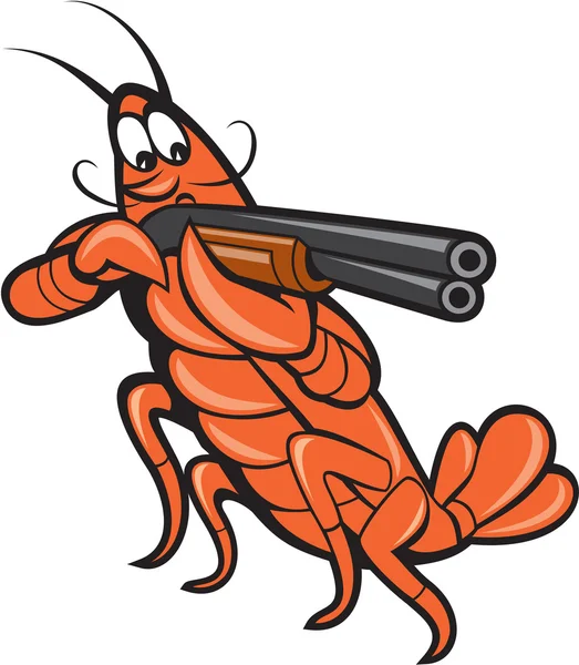 Crayfish Lobster Aiming Shotgun Cartoon - Stok Vektor