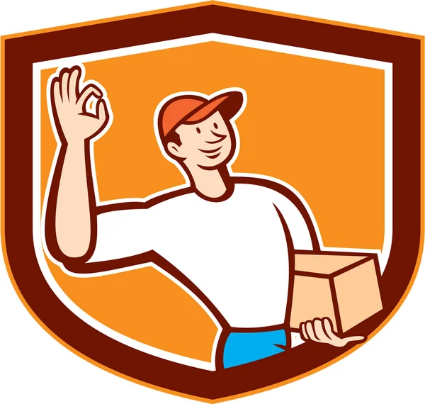 Delivery Man Okay Sign Shield Cartoon — Stock Vector