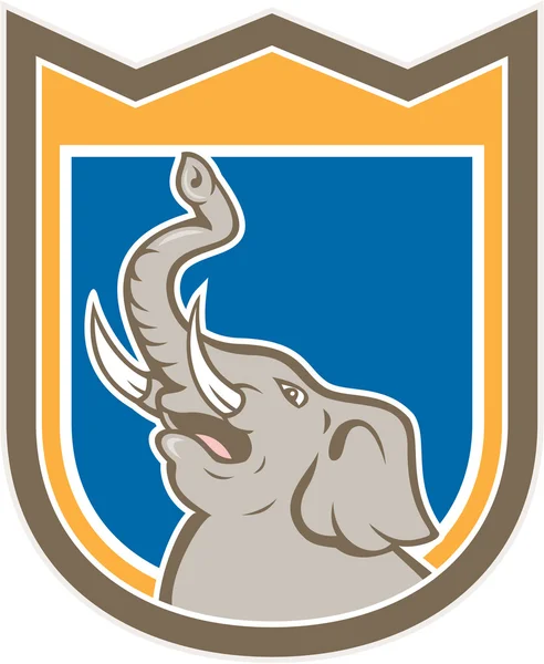 Elefante testa ruggente tronco su scudo cartone animato — Vettoriale Stock
