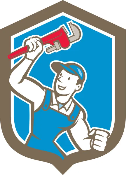 Loodgieter houden monkey wrench schild cartoon — Stockvector