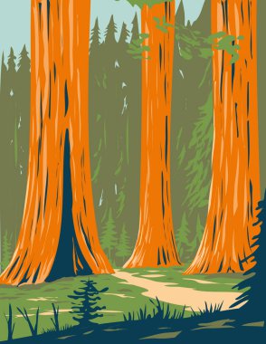 WPA 'nın Wawona, Kaliforniya yakınlarındaki Yosemite Ulusal Parkı' nın güneyindeki Mariposa Grove dev sekoya posterleri ABD 'de proje yönetimi tarzında yapıldı..