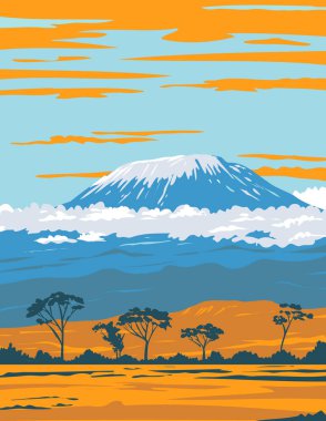 Kilimanjaro Dağı 'nın WPA poster sanatı, Tanzanya' nın hareketsiz bir volkanı Afrika 'nın en yüksek dağı ve dünyanın en yüksek tek başına ayakta duran dağı proje yönetimi tarzında yapıldı..