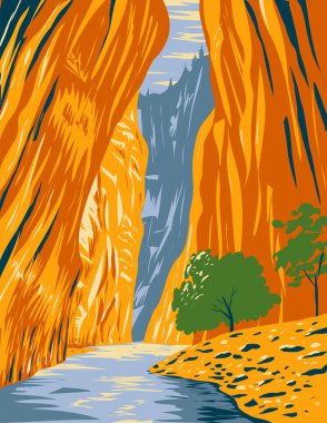 ABD 'nin Utah, Zion Ulusal Parkı' ndaki Zion Nehri 'nin North Fork' undaki Zion Kanyonu 'nun WPA poster sanatı proje yönetimi tarzında yapıldı..