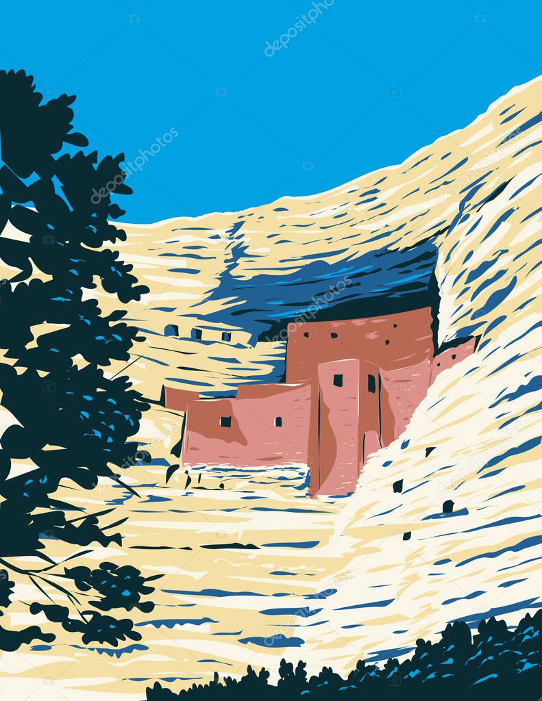 WPA poster art of pre-Columbian dwellings in Montezuma Castle National Monument located in Camp Verde, Arizona, United States USA done in works project administration style.