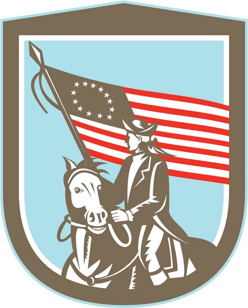 American Revolutionary Serviceman Horse Flag Retro — Stock Vector