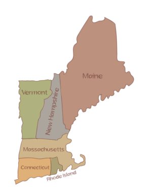 Amerika Birleşik Devletleri, Connecticut, Maine, Massachusetts, New Hampshire, Rhode Island ve Vermont 'ta bulunan altı eyaletin haritasını çiziyorum..