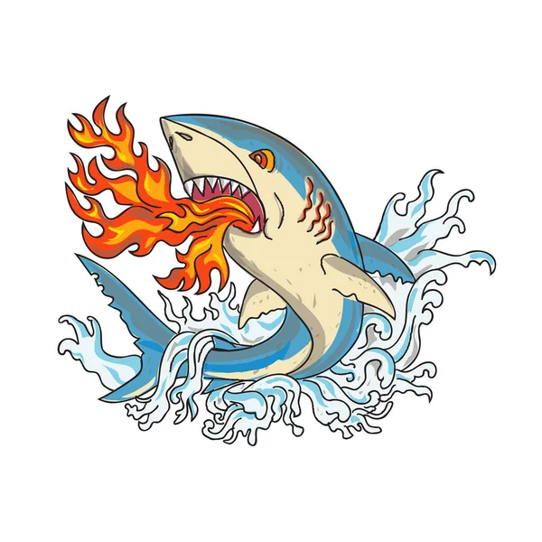 フルカラーで行われた隔離された白い背景に波で飛び上がる偉大な白いサメ呼吸火のヴィンテージタトゥースタイルのイラスト — ストックベクタ