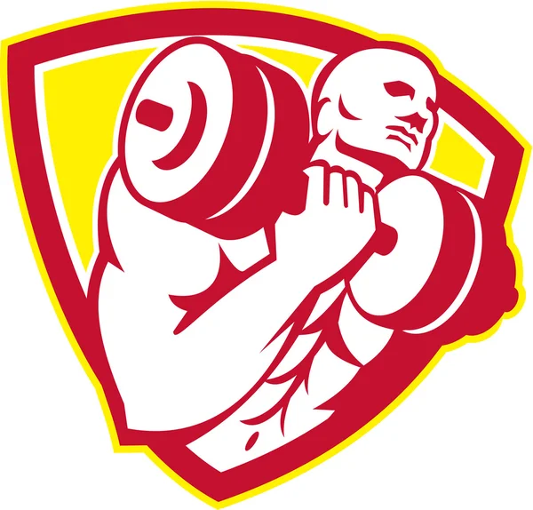 Bodybuilder Lifting Dumbbell Shield Retro — Stock Vector