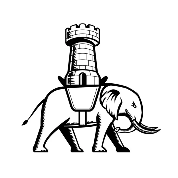 Retro Drzeworyt Styl Ilustracja Słonia Noszącego Siodło Zamkiem Albo Pojedynczą — Wektor stockowy