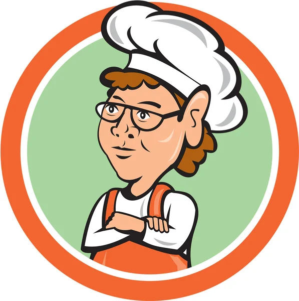 Chef Cook Female Arms Folded Circle Cartoon — Stock Vector