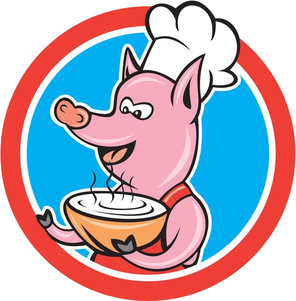 Chef de cerdo Cook Holding Bowl Circle Cartoon — Vector de stock