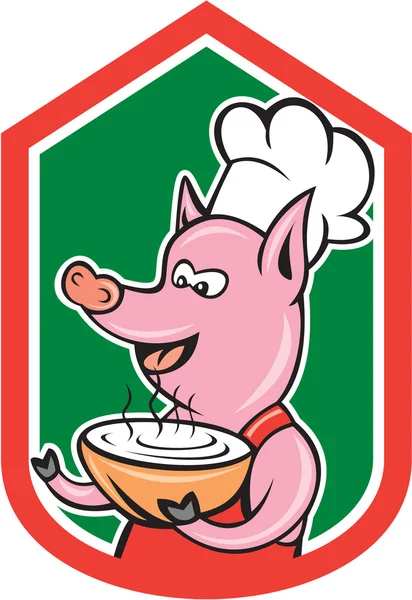 Maiale chef cuoco holding ciotola scudo cartone animato — Vettoriale Stock