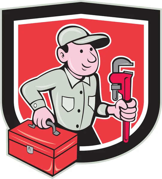 Plumber Toolbox Monkey Wrench Shield Cartoon - Stok Vektor