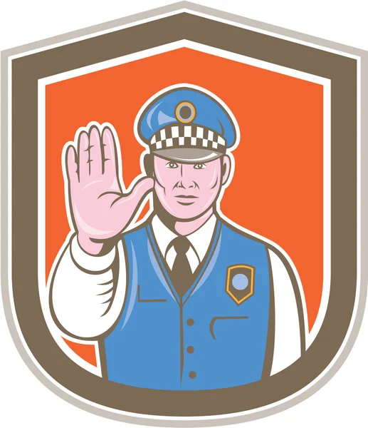 Policía de tráfico mano parada signo escudo dibujos animados — Vector de stock