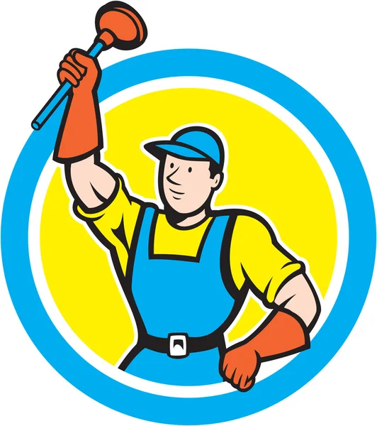 Super Plumber With Plunger Circle Cartoon — Stock Vector