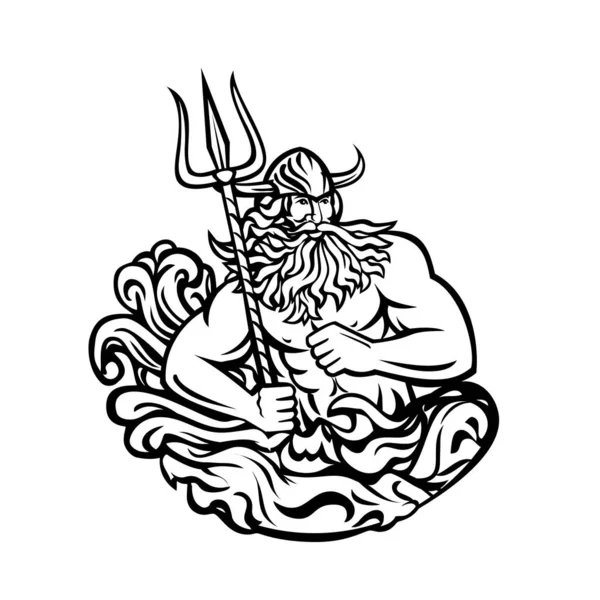 挪威神话中的爱吉尔 赫勒或海神的吉祥物 其三叉戟和波浪形从前面的背景出发 以黑白复古风格在孤立的背景下环视 — 图库矢量图片