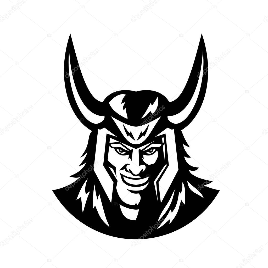 Mascot illustration of head of Loki the great trickster and god of mischief in Norse mythology viewed from front on isolated background in black and white retro style.