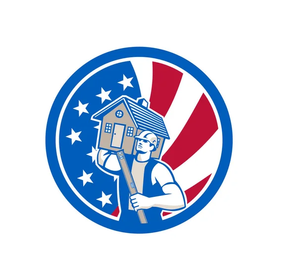 Ikona Stylu Retro Ilustracja Amerykańskiego Stolarza Lub Budowniczego Niosącego Dom — Wektor stockowy