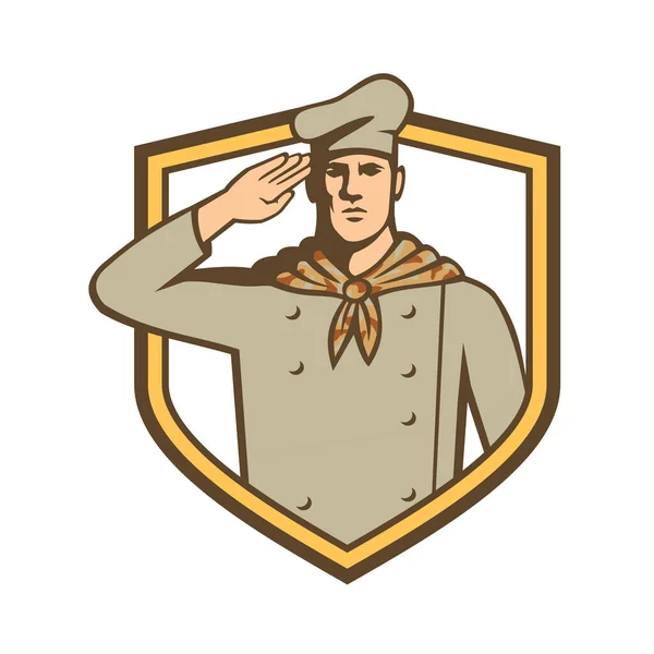 Illustration Style Rétro Chef Militaire Cuisinier Portant Uniforme Camouflage Saluant — Image vectorielle