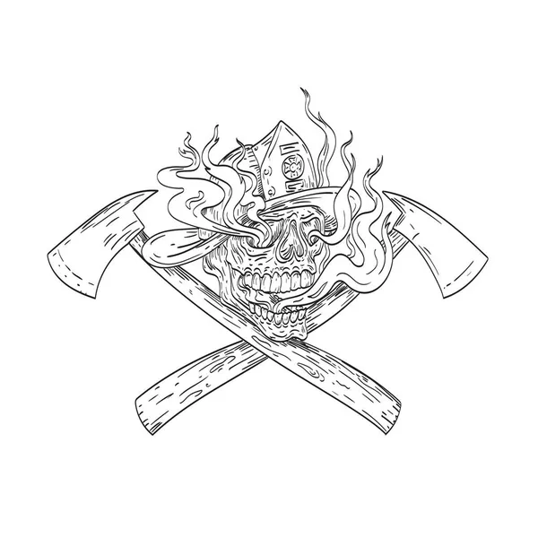 Рисунок Стиле Эскиза Череп Американского Пожарного Шляпе Пожарного Шлема Скрещенным — стоковый вектор