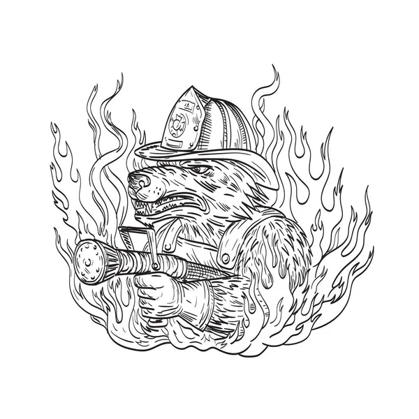Menggambar Sketsa Gaya Ilustrasi Anjing Atau Serigala Pemadam Kebakaran Bertujuan - Stok Vektor