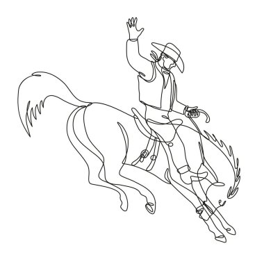 Sürekli çizilen çizgiler, tek sıra halinde yapılmış vahşi bir ata binen bir rodeo kovboyunu ya da izole edilmiş arka planda siyah beyaz karalama tarzını gösteriyor..