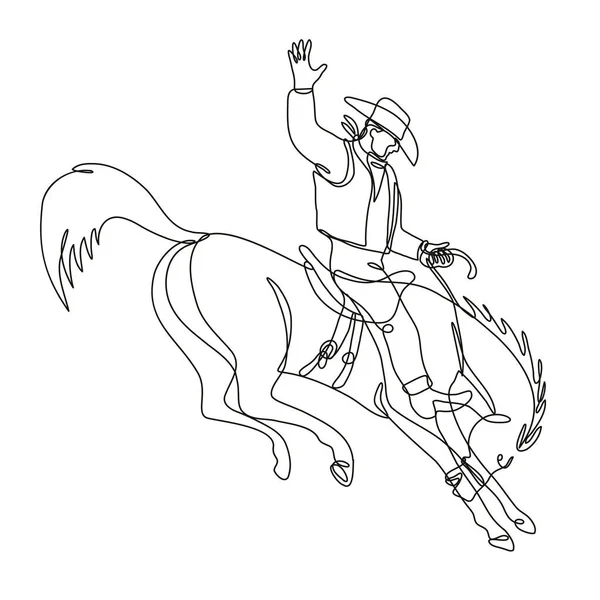 Ciągły Rysunek Linii Ilustracja Kowboja Rodeo Jazda Bucking Bronco Oglądane — Wektor stockowy