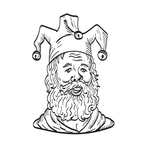 Рисунок Стиле Эскиза Старого Придворного Шута Дурака Шляпе Бороде Смотрящих — стоковый вектор