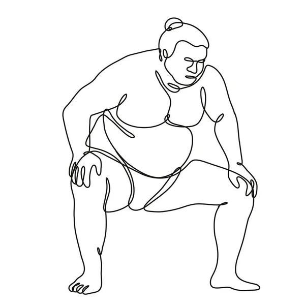 相扑选手或Rikishi在单行打斗姿势侧视图中的连续直线画图或在孤立背景中以黑白涂鸦风格的连续直线画图 — 图库矢量图片