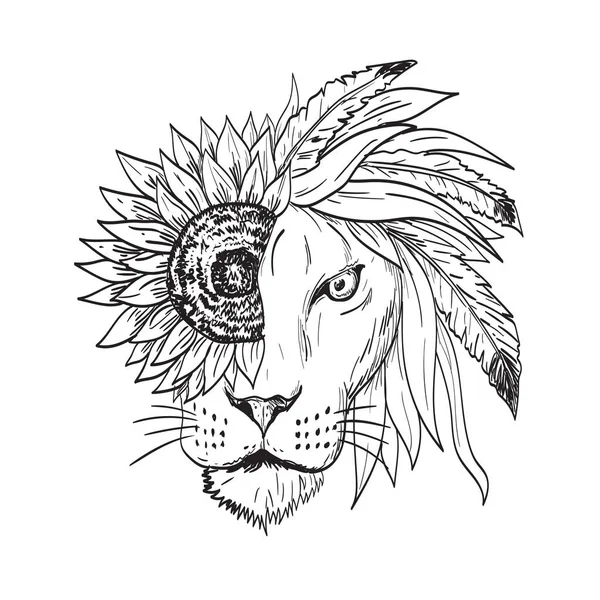 Dessin Illustration Style Croquis Lion Avec Tournesol Hélianthe Plume Feuilles — Image vectorielle