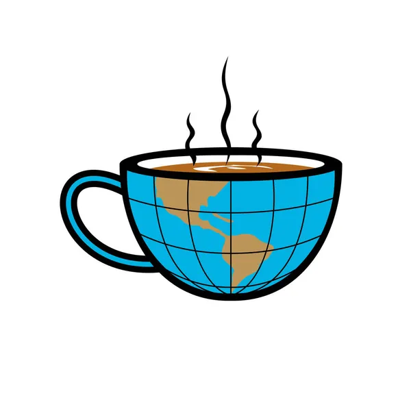 Retro Style Illustration Smoking Hot Cup Coffee Half Globe World — Stock Vector